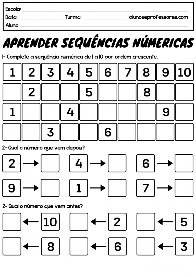 Atividades De Sequência Numérica Para Imprimir | Alunos E Professores