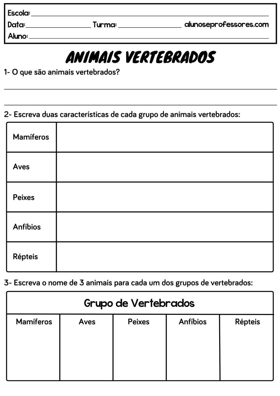 Atividades Sobre Animais Vertebrados E Invertebrados Alunos E Professores 