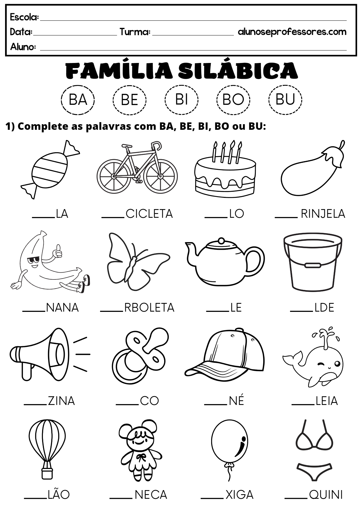 Atividades com a Família Silábica do B para imprimir Alunos e Professores