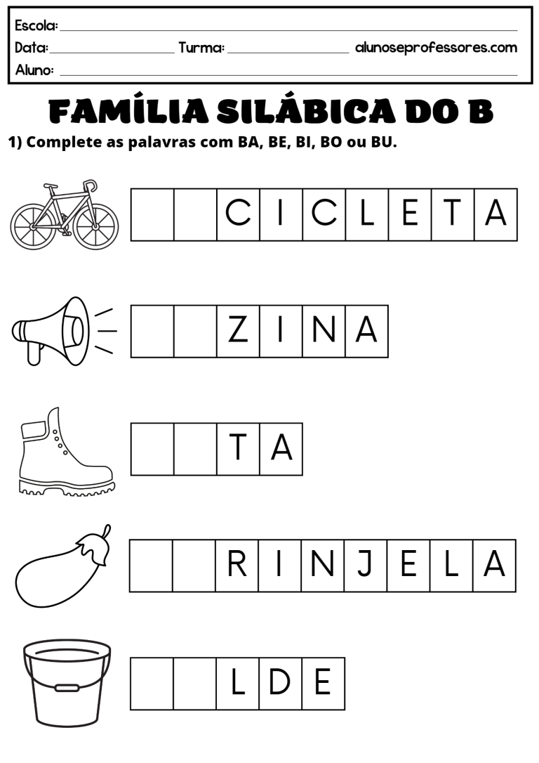 Atividades com a Família Silábica do B para imprimir Alunos e Professores