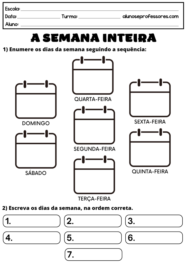 Atividades Sobre Os Dias Da Semana Para Imprimir Alunos E Professores 