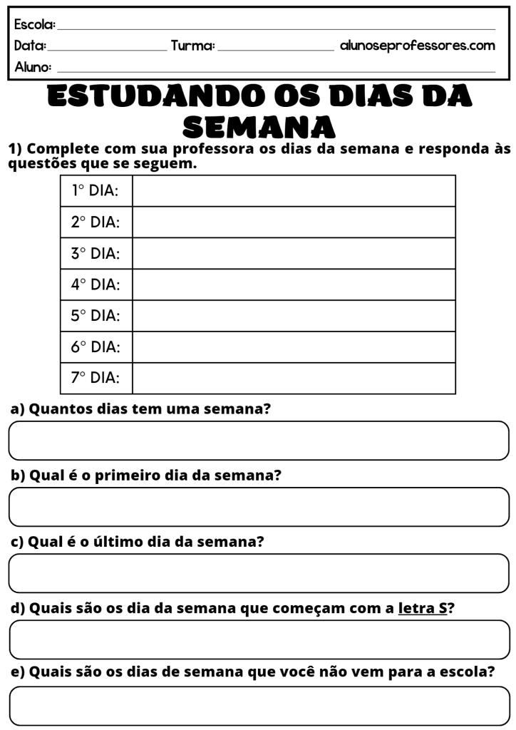 Atividades Sobre Os Dias Da Semana Para Imprimir Alunos E Professores 5510