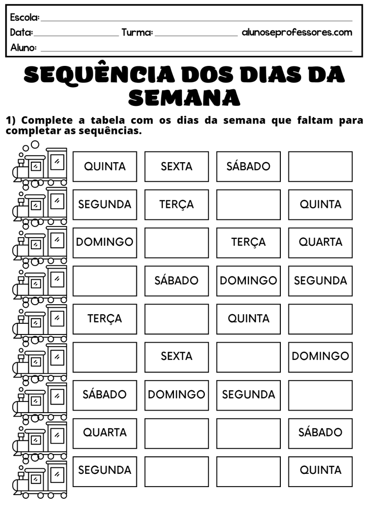 Atividades Sobre Os Dias Da Semana Para Imprimir Alunos E Professores 7319