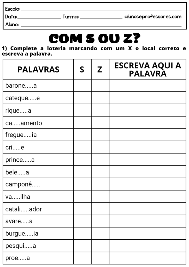 Atividades Com S E Z Para Imprimir Alunos E Professores